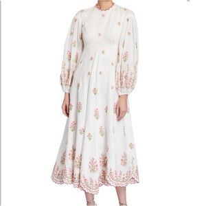 Zimmermann Poppy Scalloped Embroidered Linen
Midi Dress in Ivory